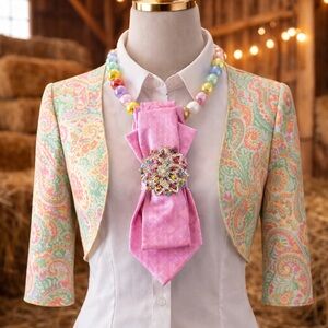 Beautiful OOAK Pink Necktie Necklace Pastel-colored Jewels Brooch Pastel Beads